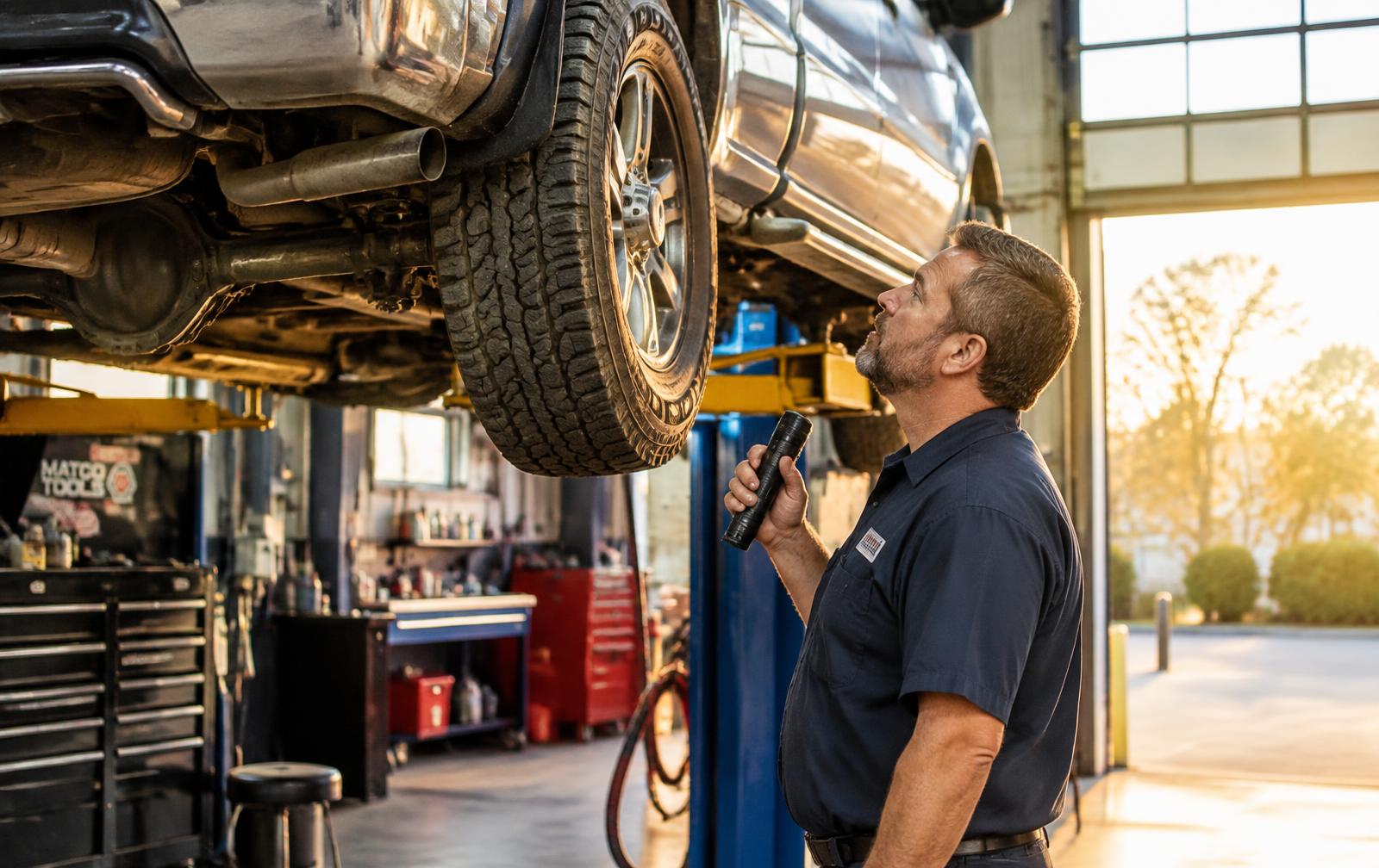 Porter's mechanic inspecting a truck on the lift